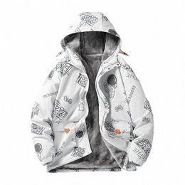 new Graffiti Street Unisex Winter New Lg Warm Thick Hood Parkas Jacket Coat Outwear Outfits Classic Windproof Pocket Parka 74nG#