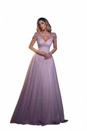 lg Tulle Prom Dres Elegant Lilac Beaded Sequined Cap Short Sleeves V neckline A Line Floor Length Formal Party Evening Gown k6gi#