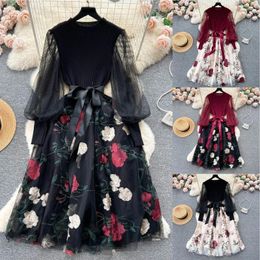 Casual Dresses Elegant For Women Knitted Embroidered Mesh Thin Temperament Fairy Skirt Women'S Lace Up Waist Party