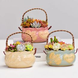 Planters Creative Succulent Ceramic Flower Pot with Relief Rough Pottery and Breathable Plant Flower Ware