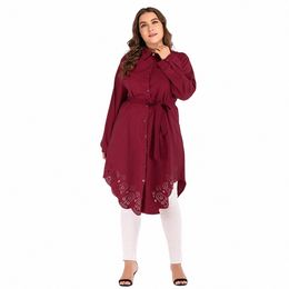 hot Fi Large Size Turkey Blouses For Women Fi 2022 Plus Size Loose Hollow Lace-Up Dr Lg-Sleeve Top Shirt Elegant W1BH#