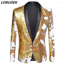Men's Suits Plus Size Shawl Collar Double Color Sequins Blazers Bar Evening Party Stage Shiny Gold Suit Jackets Host Performance Wear