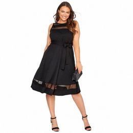plus Size Elegant Sleevel Summer Party Dr Women Mesh Panel Black Evening Dr Large Size Fit And Flare A-line Midi Dr I76B#