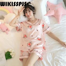 Women's Sleepwear 2024 Summer Short Sleeve Fashion V-neck Printing Cartoon Cute Home Clothes Pijamas Women Sleep Tops Pajama Shorts
