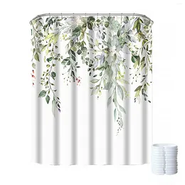 Shower Curtains Machine Washable Green Leaves Plants Curtain With C-type Hook Bathroom Accessories HD Printing Hanging Type Door Screen