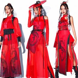chinese Style Red Loose Outfits For Women Jazz Dance Costumes Girls Group Gogo Dancers Performance Hip Hop Stage Wear DN17497 C2hs#
