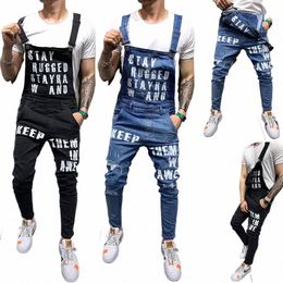 men Suspenders Denim Jumpsuit Letters Denim Trousers Fi Overalls Men's Ripped Denim Printed Jeans Men Streetwear 91za#