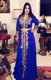 Elegant Royal Blue Muslim Evening Dress Moroccan Kaftan Robe De Soiree Dubai Lace Applique Formal Dress Long Sleeve Women Party Go4609250