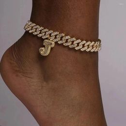 Anklets 15mm Miami Cuban Link Chain Iced Out For Women Men Rapper Bling Rhinestone Letter Baguette Anklet Bracelet Foot Jewellery