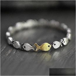 Band Rings European American Fashion Sier Gold Tone Simple Fish Ring Cute Double Colour Stackable Animal Finger Girl Women Jewellery Dro Dhcwz