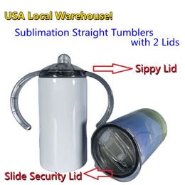 USA Stocks Sublimation 12oz Sippy Cups Kids Mugs with Two Lids White Blanks Straight Water Bottles Slide Lid Stainless Steel Doubl303x