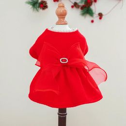 Dog Apparel Christmas Dress Winter Warm Red Princess Bowknot With Drill Skirt For Small Dogs Girl Pet Puppy Clothes