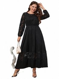 gibsie Plus Size Black Sheer Mesh Bishop Sleeve Maxi Dres Women Spring Fall O-Neck High Waist Womens Elegant A-Line Dr q753#