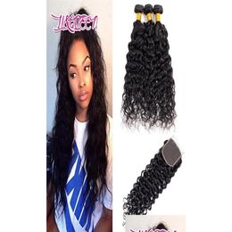 Human Hair Wefts With Closure 9A Peruvian Water Wave 3 Bundles Wet And Wavy 4X4 Wavy269G1269401 Drop Delivery Products Extensions Otmno