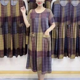 Party Dresses 2024 Summer Plaid Printed Vintage Female Clothing Stylish Folds A-Line Casual Loose Pockets Spliced Commute Midi Dress