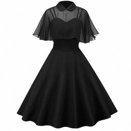 women's Dr Turn Down Collar Chiff Cape Vintage Two Piece Dr Women 50s Elegant Party Wear Summer A Line Midi Swing Dr v6ME#
