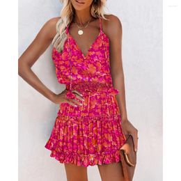 Casual Dresses Women V Neck Floral Print Ruffle Hem Shirred Cami Dress Summer Sleeveless Pink Sundress Hight Waist Holiday Sexy Robes