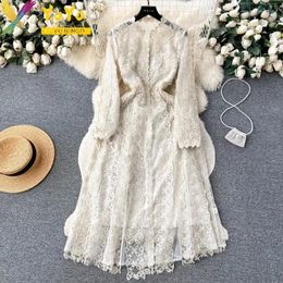 Casual Dresses Elegant Party Embroidered Flower Lace Hollow Long Sleeve Dress Spaghetti Strap Slim A-line Luxury Set