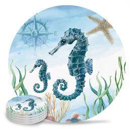 Table Mats Marine Animal Hippocampus Seaweed Compass Round Coffee Kitchen Accessories Absorbent Ceramic Coasters