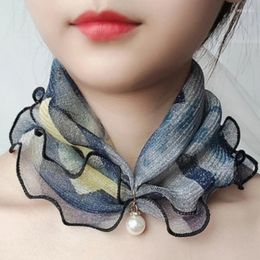 Scarves 2024 Fashion Neck Collar Print Shiny Variety Loop Scarf Ruffle Lace Beautiful Pearl Pendant Chiffon