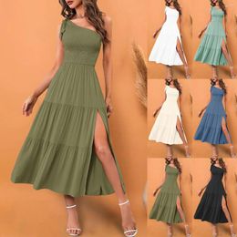 Casual Dresses 2024 Summer Women's One Shoulder Dress Elegant Female Sleeveless Elastic Waist Tiered Midi Solid Colour A-Line