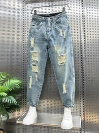Men's Jeans Ripped Stretch Trousers With Holes Man Cowboy Pants Torn Elastic Harem Broken Y2k Vintage 2024 Korean Autumn Stylish