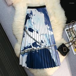 Skirts 2024 Women's Summer Fashion Retro Long Painting Print Female High Waist Pleated Skirt Ladies Loose Casual B56