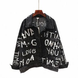 fi Letter Embroidery Denim Jacket Coat Women Loose Short Outerwear Autumn Korean Black Blue Jeans Jackets Female Streetwear o13l#