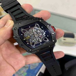 Mens Watch Red Black Luxury Rubber Men Sapphire Automatic Mechanical Carbon Fibre Calendar Skeleton Glass Back See Through