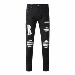 high Street Fi Men Jeans Black Stretch Skinny Fit Ripped Jeans Men Sier Leather Patched Designer Hip Hop Brand Pants i8c3#