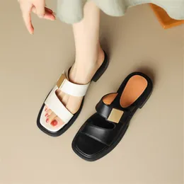 Slippers Split Leather Summer Women 2024 Square Toe Chunky Heel Sandals Open Shoes For Handmade