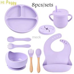 Cups Dishes Utensils Silicone Feeding Set Kids PlateSuction Bowl Cup Children Cup With Straw Spoon Fork Round Plate Dishe Tableware Set Baby Wsupplie 240329