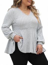 gibsie Plus Size Lg Sleeve Tops for Women Spring Fall V Neck Peplum Tee Shirt Female Casual Ribbed Knit T-Shirts Clothes 2023 H27O#