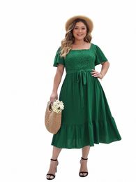 short Sleeve Gown Dres Plus Size Elegant Lady High Waist Outfits Pleated Dark Green Ruffles Solid Midi Evening Party Dres t2m3#