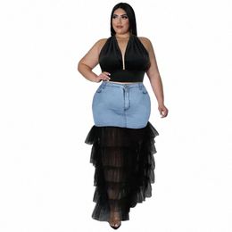 kexu Cascade Ruffle Patchwork Zipper Fly High Waist Bodyc Lg Denim Skirt 2024 Plus Size Women Streetwear Fi Jean Skirts q3jj#