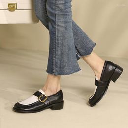 Dress Shoes Oversized Round Toe Mid Heel Simple Style Casual Breathable Leather Metal Belt Buckle Colorblock Women's Pumps