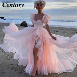 Urban Sexy Dresses Century Baby Pink Organza Prom Short Puff Sleeves Ruffles Party Gowns Slit Princess Formal Women 2022 yq240329