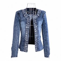 elegant Diamds Denim Jackets Women Vintage Jeans Jacket Ladies Spring Autumn outerwear Slim Casual Denim Coats 633h#