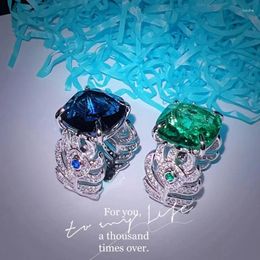 Cluster Rings High-Definition Royal Blue-Green Paraiba For Women Female Fashion Jewelry Emerald Square Treasure Opening Ring Party Gift