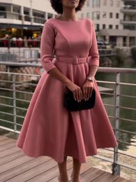 Casual Dresses A Line For Women O Neck Three Quarter Sleeves Large Swing Slim Party Club Prom Elegant Simple Evening Vestidos With Belt