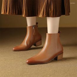 Boots 2024 Autumn/Winter Genuine Leather Women Shoes Pointed Toe Chunky Heel For Fashion Short Zapatos De Mujer