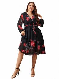 chic Plus Size Floral Print V Neck Midi Belted Dr Women Casual Clothing Black Lg Sleeve Party Elegant Vintage Dres K63s#