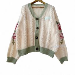 1989 Warm Swift V-neck Knitted Folklore Beige Cardigan Women Autumn Fr Embroidery Cardigan Female Green Evermore Sweaters Y6Pq#