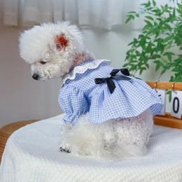 Dog Apparel Dress Bowknot Soft Comfortable Round Neck Adorable Summer Pet Cat Two-legged Plaid Supplies
