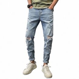 spring autumn 2021 ripped jeans men's trendy brand slim light-colored beggar lg pants Korean teenagers casual pencil pants c4bU#
