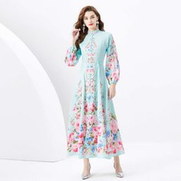 Spring/Summer 2024- Vacation Style Stand Up Collar Single Breasted Diagonal Cut Printed Wide Hem Long Dress 526587