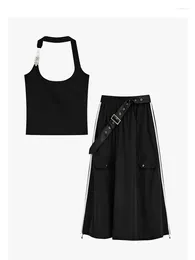 Work Dresses 2000s Aesthetics Outfits 2 Piece Skirt Set Black Halter Top Hiphop Fashion A-Line Skirts With Belt Clubwear Gyaru Punk Gothic