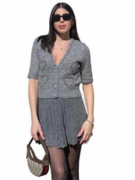 traf 2024 Spring Women's Solid Gray Sweater Causal Cropped Short Sleeve V-Neck Heart Jewelry Inlaid Knitted Cardigan Elegant Top v10q#