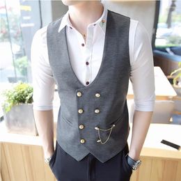 Men's Vests Double Breasted Vest Spring Slim Sleeveless Formal Suit Gray Black Fashion Business Casual