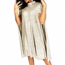 sexy Party Sequin Glitter Dr Cape Style Sequins Cloak Sleeves Vestidos Female Solid Color Vintage Elegant Cocktail Dres 81Ta#